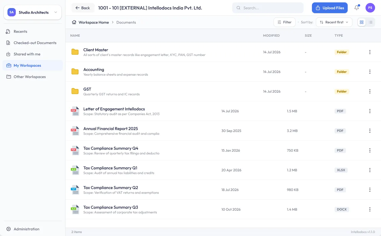 A workspace showing folders and filed documents
