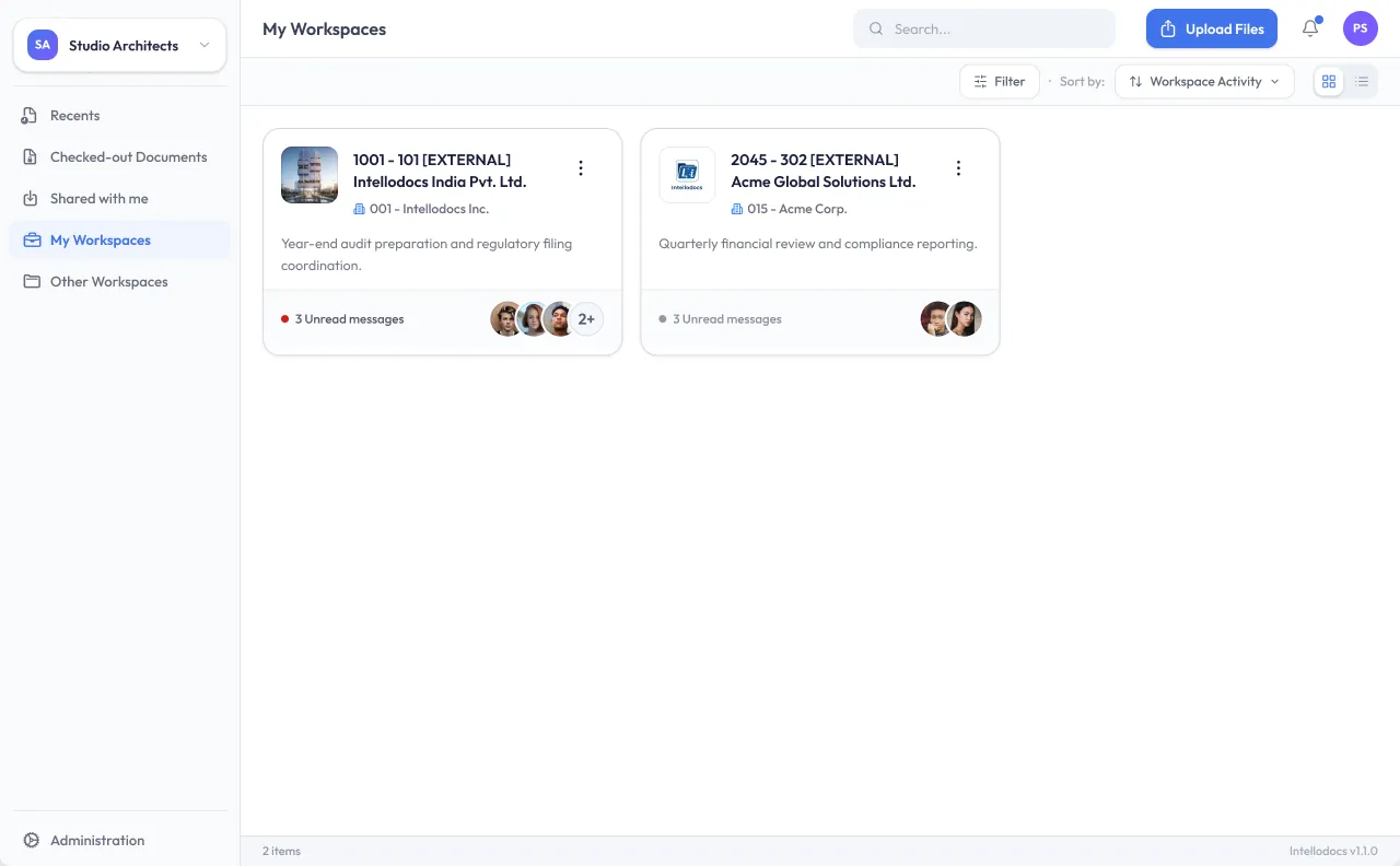 The workspaces list, one per client engagement